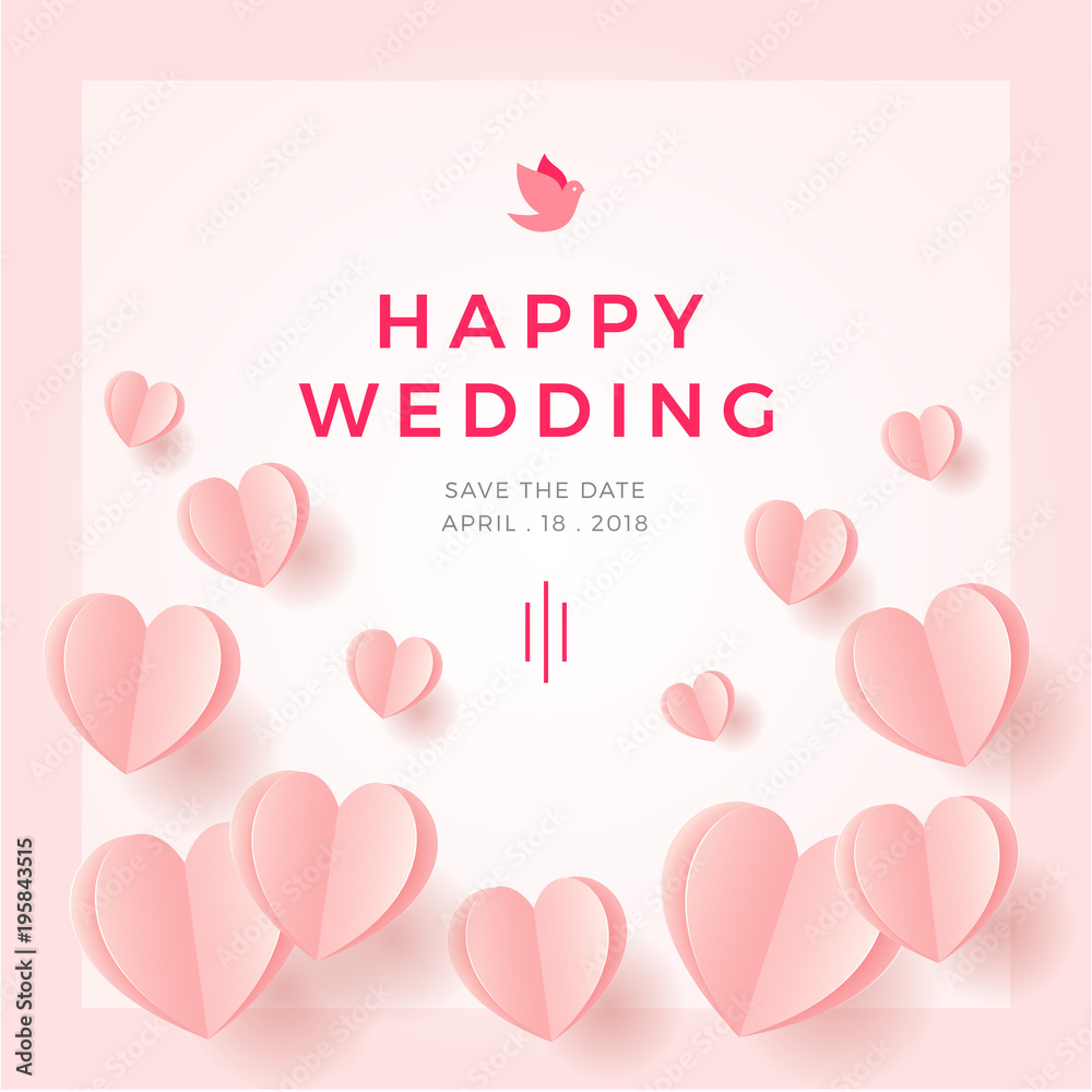 Happy Wedding postcard with love symbol paper art flying elements on white pink background. women's, birthday, mother's day, anniversary greeting card design. Eps10 vector illustration