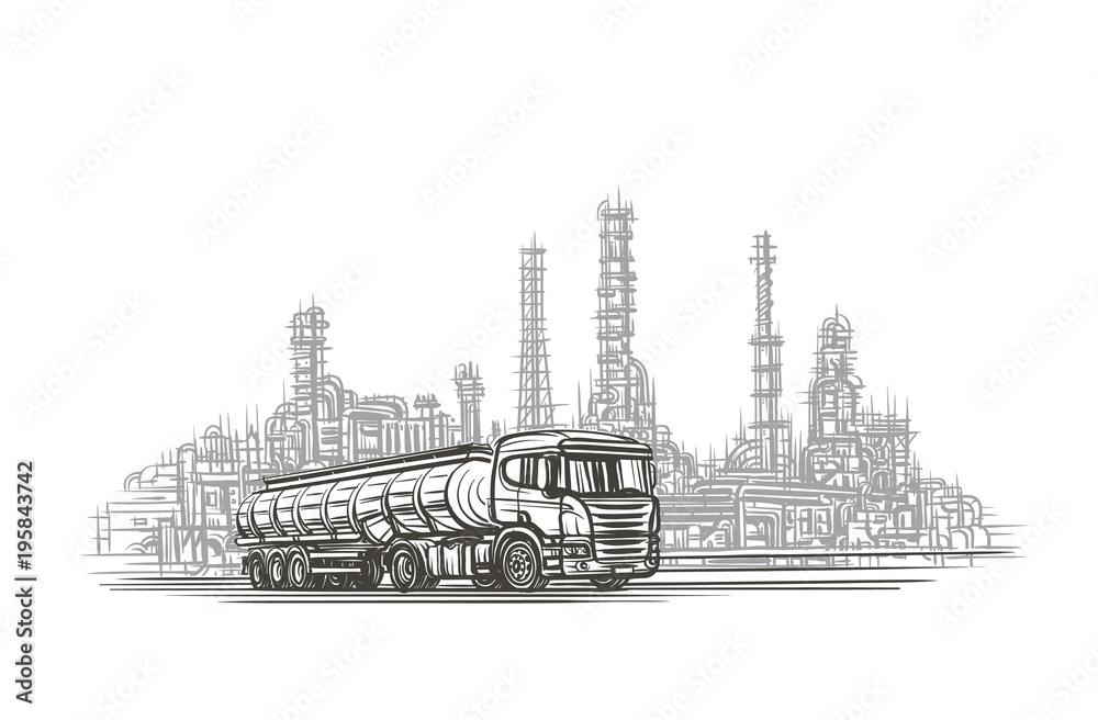 Truck with cistern trailer in an industrial zone illustration. Vector.