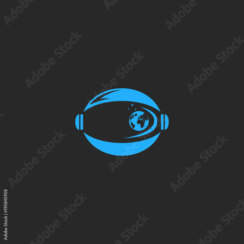 Helmet astronaut logo, abstract figure cosmonaut discoverer with the reflection of the planet Earth, the stars and the galaxy of the Milky Way