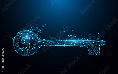 Abstract Dollar key form lines and triangles, point connecting network on blue background. Illustration vector