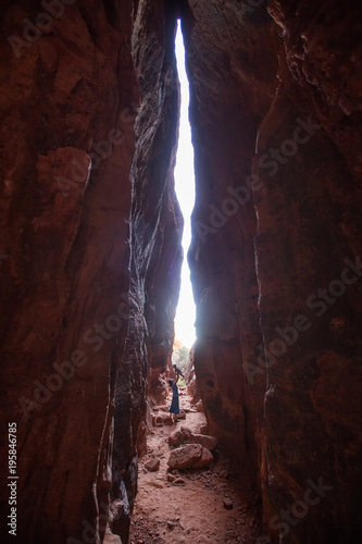 Mother and son on a trail in volcanic Snow canyon State Park in Utah, USA