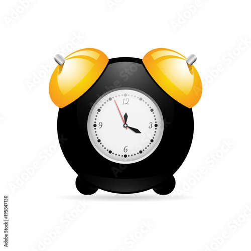 Black alarm clock on white background with gold bells.