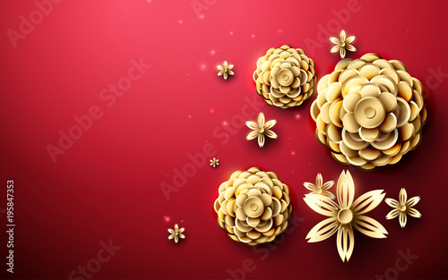 Gold abstract flowers asian pattern in red background