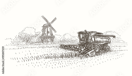 Combine harvester at work in the field near mill sketch illustration. Vector. 