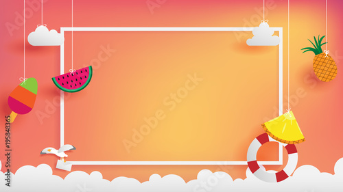 summer banner as horizontal frame contain white border ,sunset light shining on background and all objects floating over cloud, objects are hanging by string such as ice creme, pineapple  watermelon