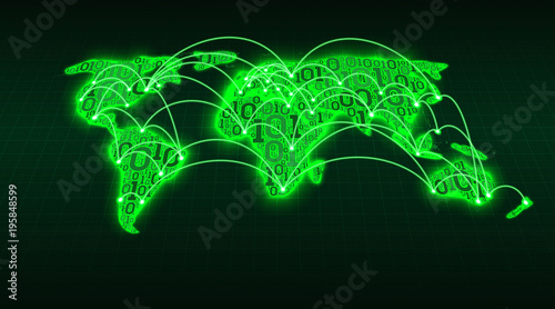 Abstract world map from digital binary code on a grid background, global Internet transactions between cities and countries, well-organized layers