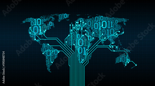 Abstract world map from a digital binary code on a grid background, a connection between cities in the form of a printed circuit board of a tree structure, well-organized layers