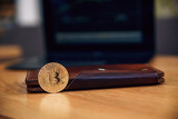 Gold bitcoin coin on the wallet. Selective focus. Cryptocurrency business concept. Electronic virtual money investment. Gold bitcoin coin on the wallet.