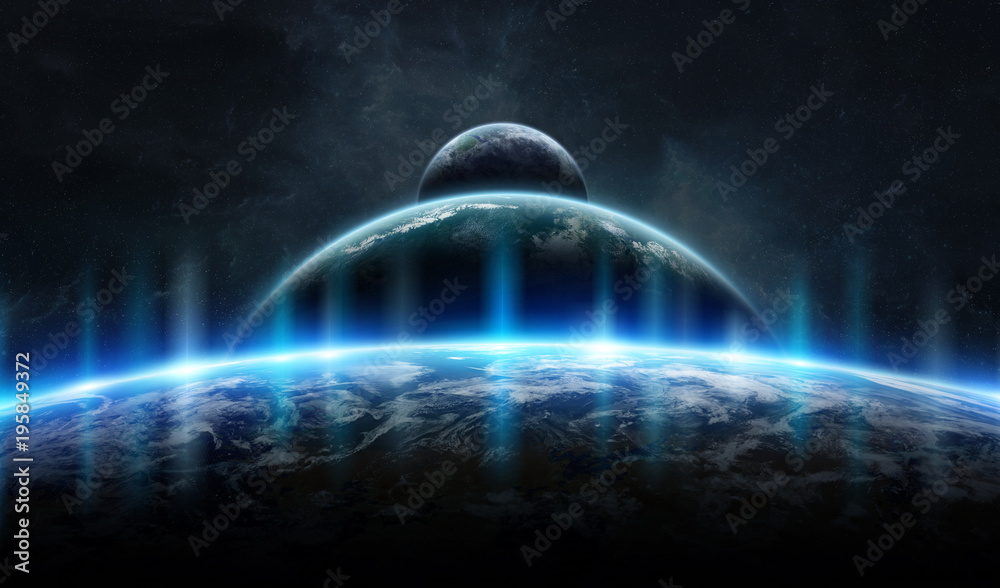 Fototapeta premium Distant planet system in space with exoplanets 3D rendering elements of this image furnished by NASA