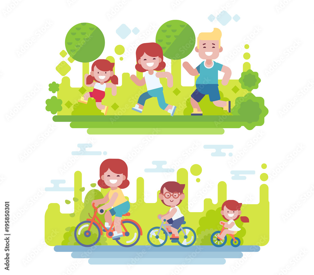 Active family vacation. Flat vector illustration. Active family vacation. Flat vector illustration.