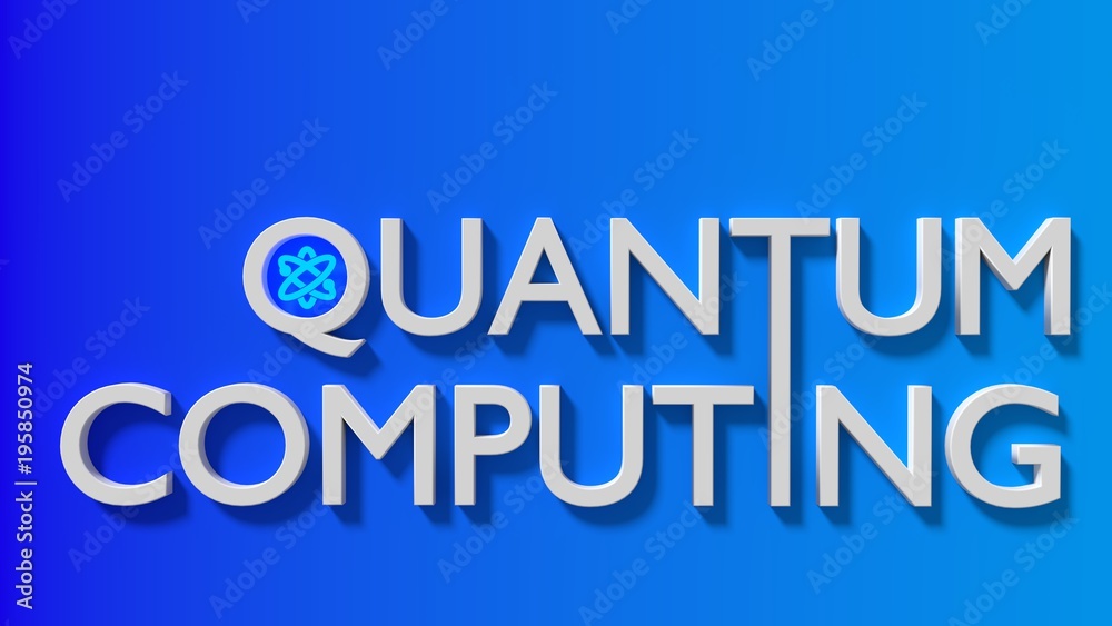 The white word quantum computing on a gradient blue wall with an atom symbol The white word quantum computing on a gradient blue wall with an atom symbol