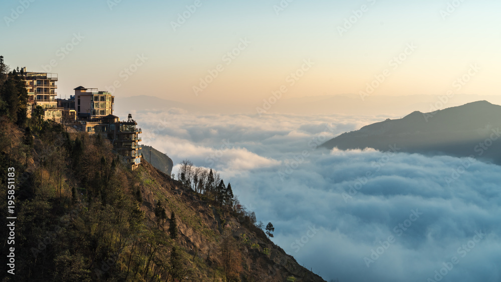 Sunrise at Duoyishu Viewpoint with the morning sky in Yuanyang, China.