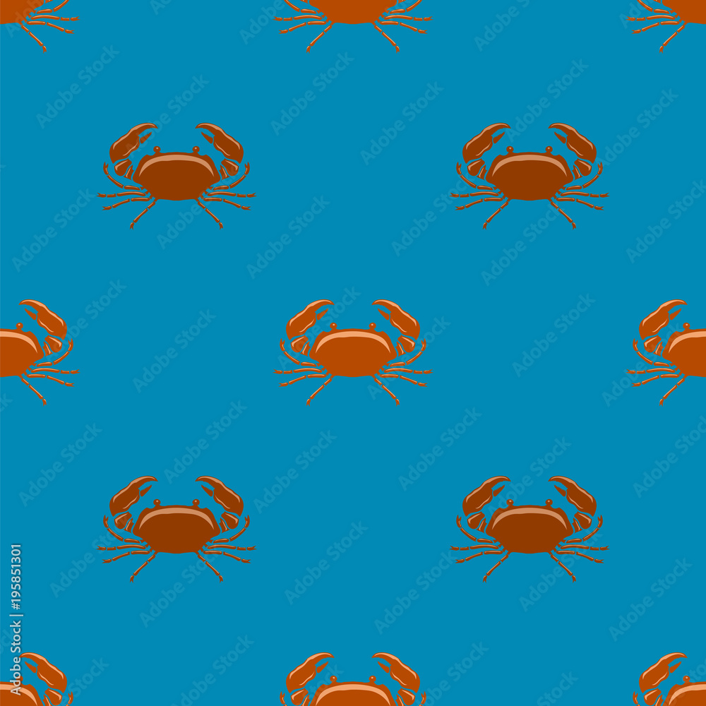 Boiled Red Crab with Giant Claws Seamless Pattern on Blue Background. Fresh Seafood Icon. Delicous Appetizer.