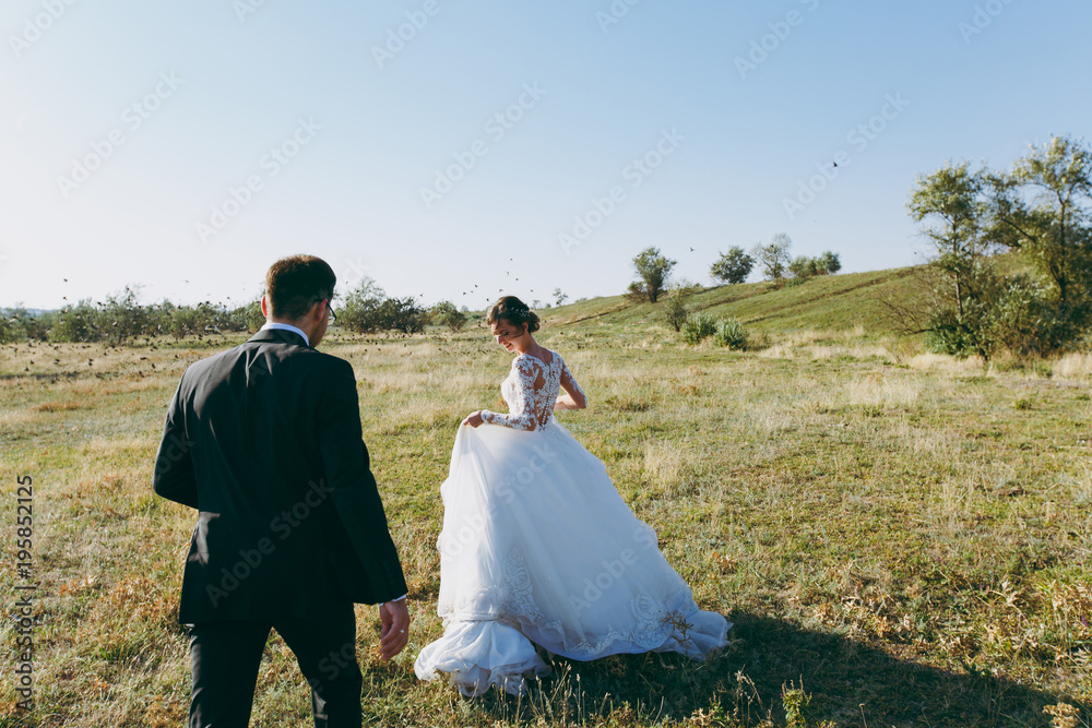 Beautiful wedding photosession. Handsome groom in a black suit and young bride in white lace dress with exquisite hairstyle walk around the big green field against the sky and flying birds