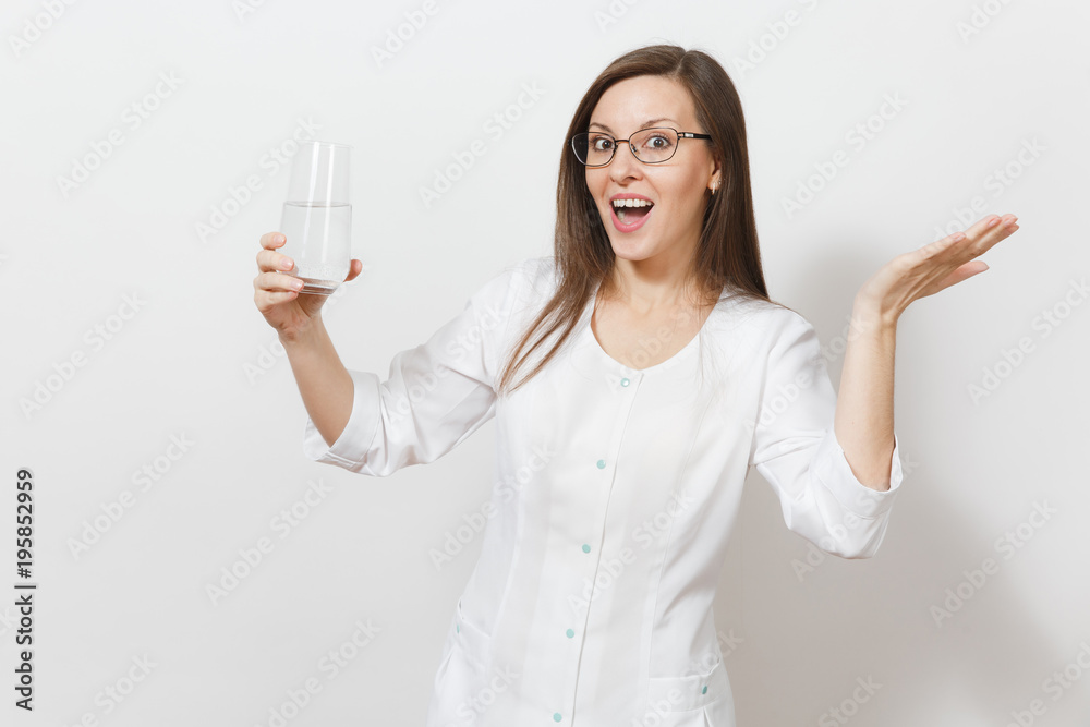 Happy confident pretty doctor woman isolated on white background. Female doctor in white medical gown, glasses holding glass of water, spreading hands. Healthcare personnel, health, medicine concept. Happy confident pretty doctor woman isolated on white background. Female doctor in white medical gown, glasses holding glass of water, spreading hands. Healthcare personnel, health, medicine concept.