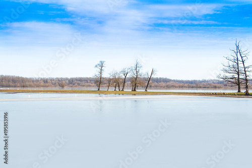 Beautiful winter landscape in countryside, frozen lake surface in nature park Lonjsko polje, Croatia 