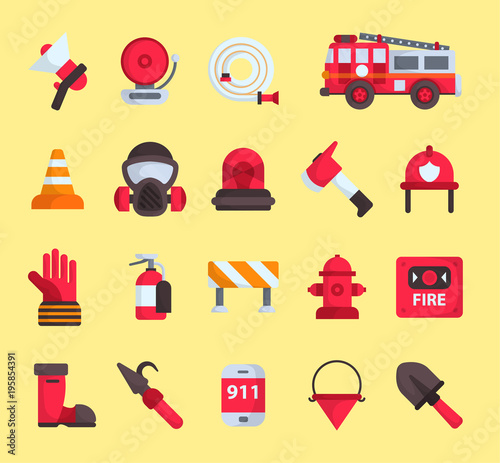 Firefighter elements vector fire department emergency icons and water safety car vehicle, mask, fire extinguisher equipment fireman protection illustration. Burning house flat emblem tool