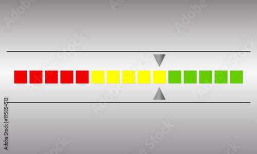 Meter and gauge icon. Horizontal speedometer with red, yellow and green colors. Progress indicator symbol. Vector illustration.