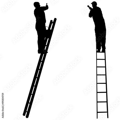 Silhouette worker climbing the ladder on white background