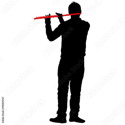 Silhouette of musician playing the flute on a white background