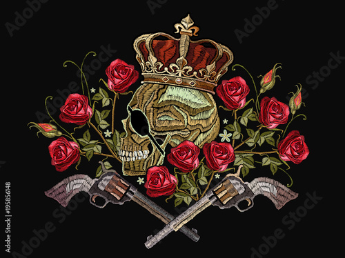 Embroidery skull in crown, crossed guns and roses. Template for clothes, textiles, t-shirt design. Criminal embroidery, king of pirates and revolvers