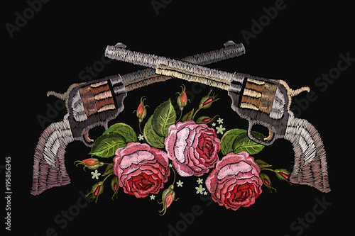 Embroidery the crossed guns and roses. Template for clothes, textiles, t-shirt design. Classical embroidery revolvers and spring roses. Symbol of romanticism and crime