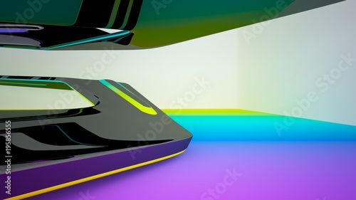 Abstract dynamic interior with black and colored gradient smooth objects. 3D illustration and rendering photo