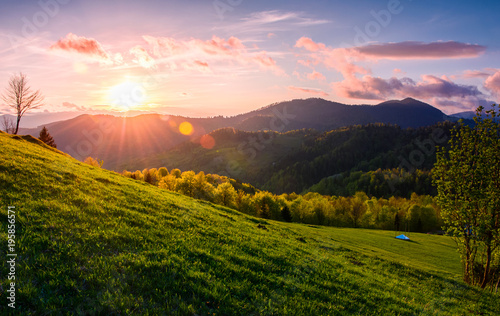 pink sunset over the mountains in springtime. gorgeous Carpathian countryside. beautiful rural scene with fields and trees © Pellinni