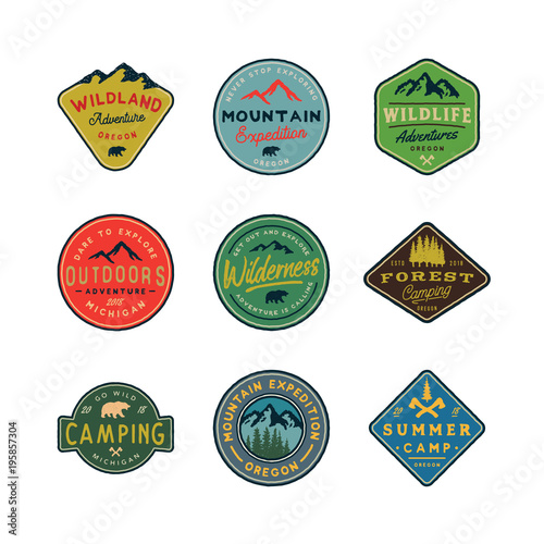 set of vintage wilderness logos. hand drawn retro styled outdoor adventure emblems. vector illustration