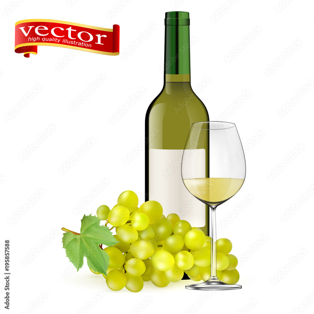 Ripe grapes, wine glass and bottles of wine isolated on white. White wine. Glasses, bottle, grapes.