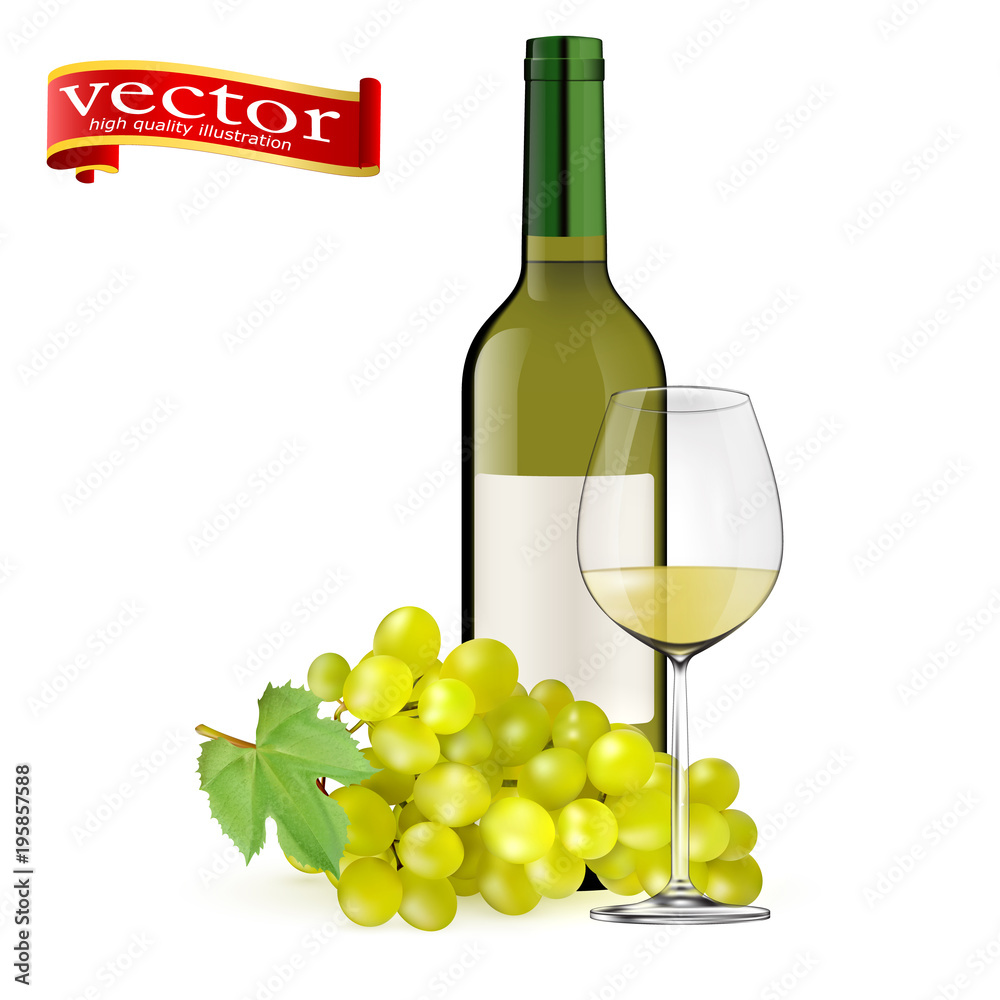 Ripe grapes, wine glass and bottles of wine isolated on white. White wine. Glasses, bottle, grapes. Ripe grapes, wine glass and bottles of wine isolated on white. White wine. Glasses, bottle, grapes.