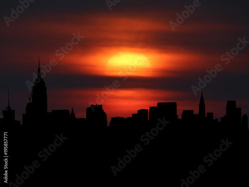 Midtown Manhattan skyline silhouette with sunset illustration