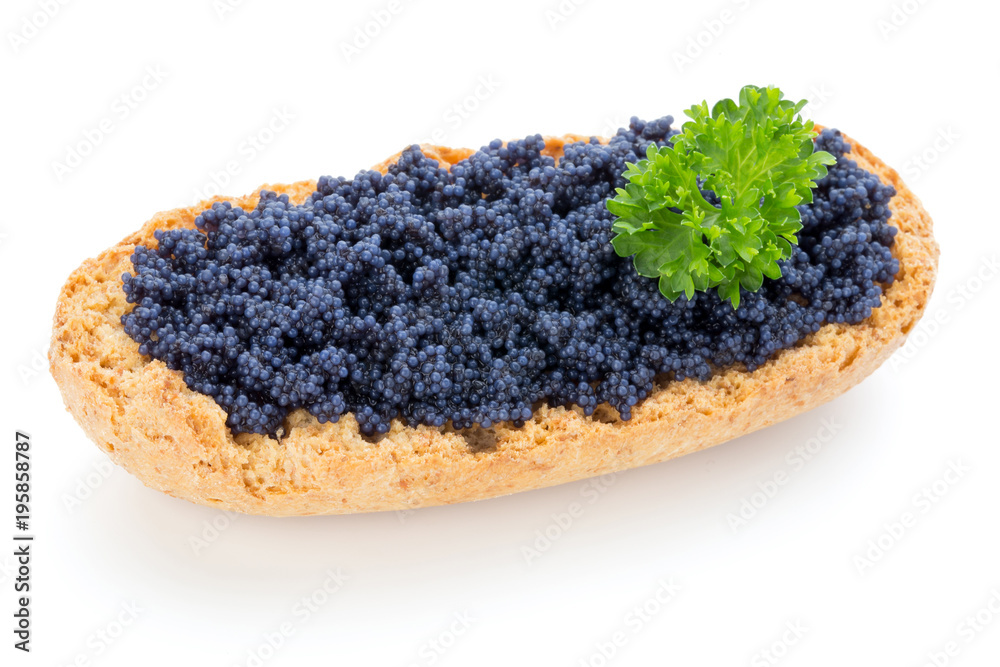 Canapes with black sturgeon caviar and parsley. Isolated on the white background. Canapes with black sturgeon caviar and parsley. Isolated on the white background.