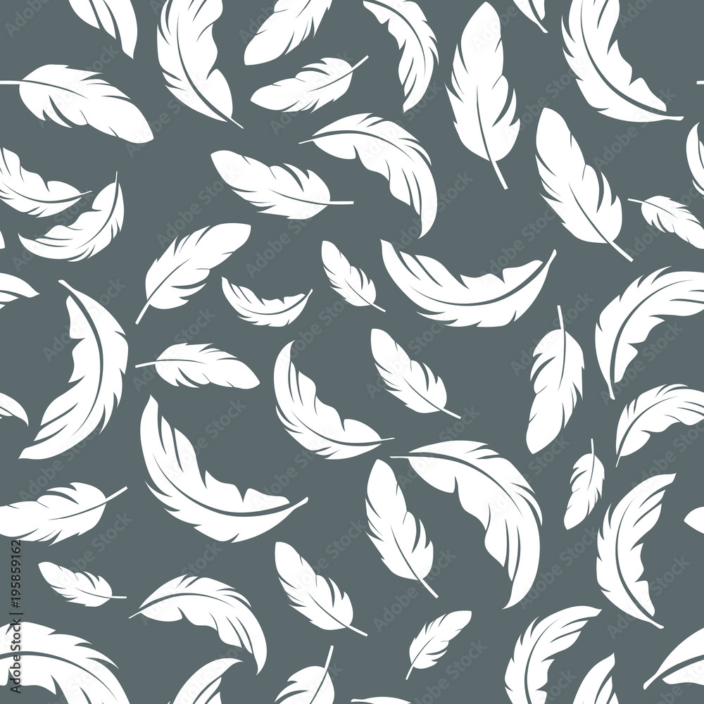 Fototapeta premium Feather seamless pattern on grey background. Vintage card for fabric design.Peacock feather seamless pattern.