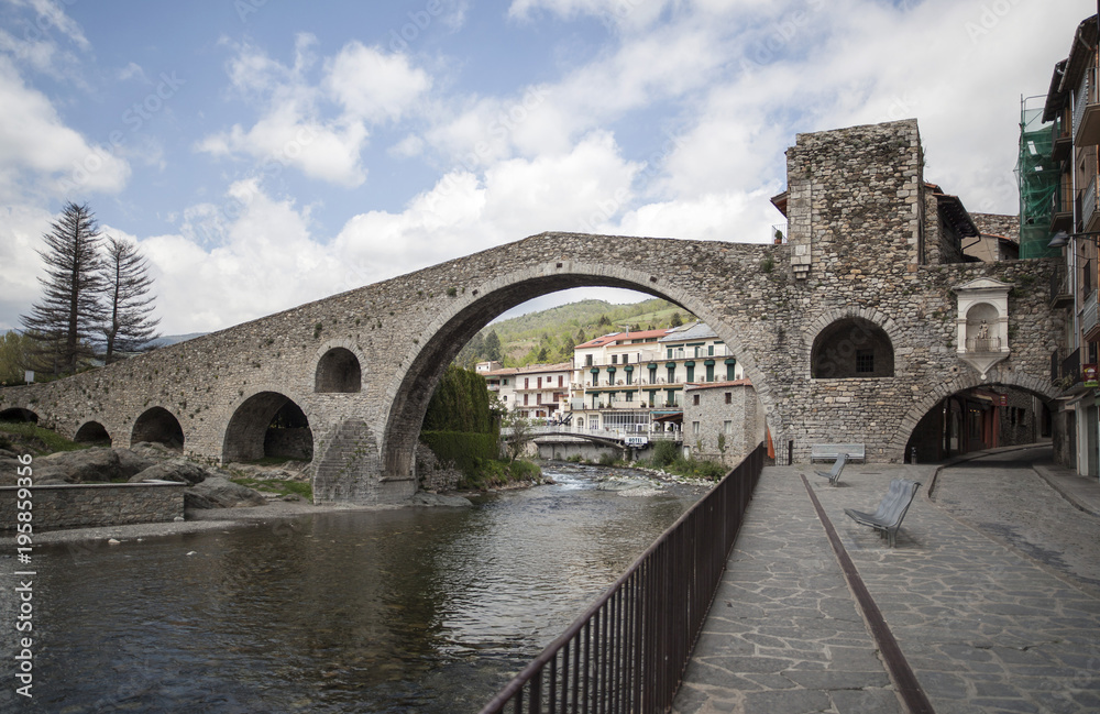 Ancient bridge, Pont Nou in pyrenees village of Camprodon, province Girona, Catalonia.Spain.