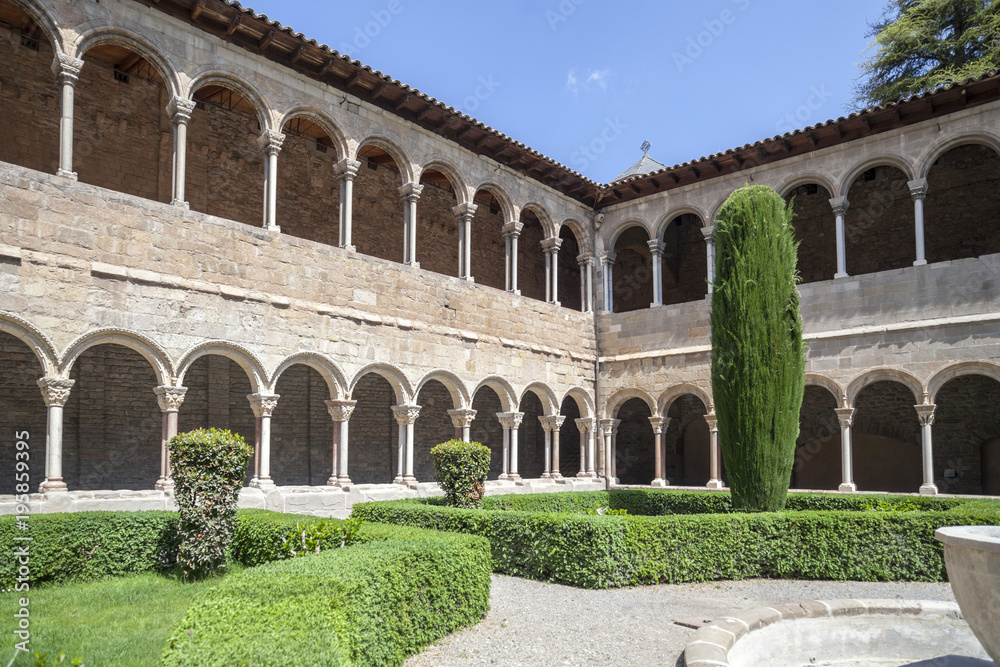 Cloister monastery benedictine romanesque style, Monestir Santa Maria de Ripoll, Ripoll, province Girona, Catalonia.Spain.