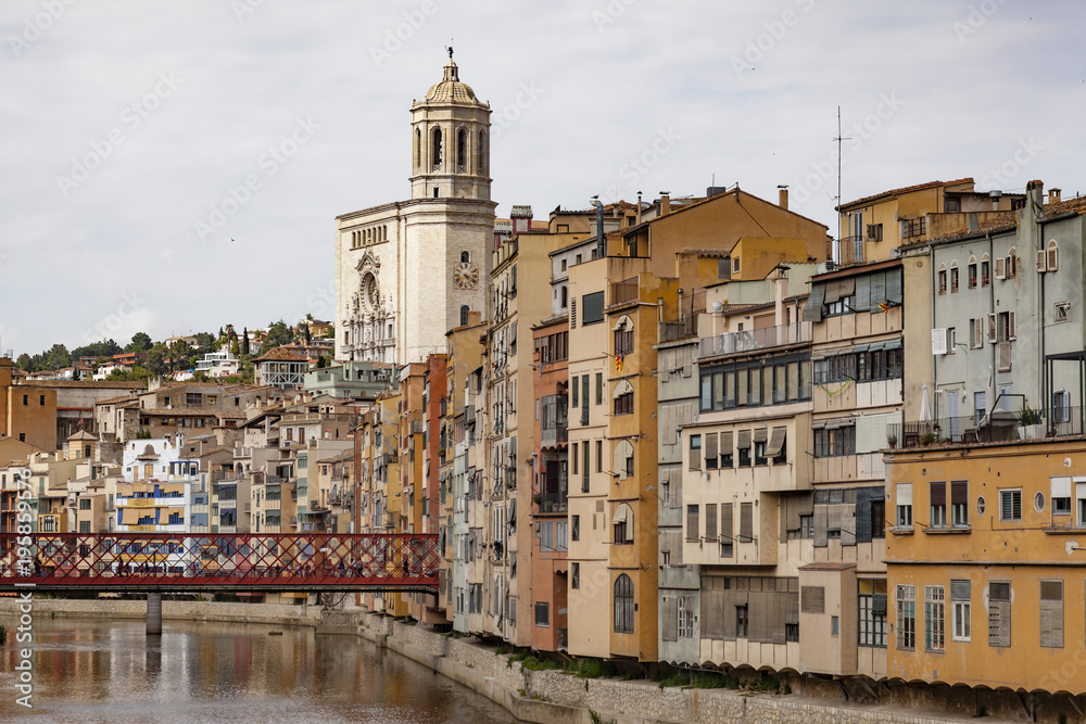 City view, colored houses, typical building, river Onyar, Girona, Catalonia.Spain.