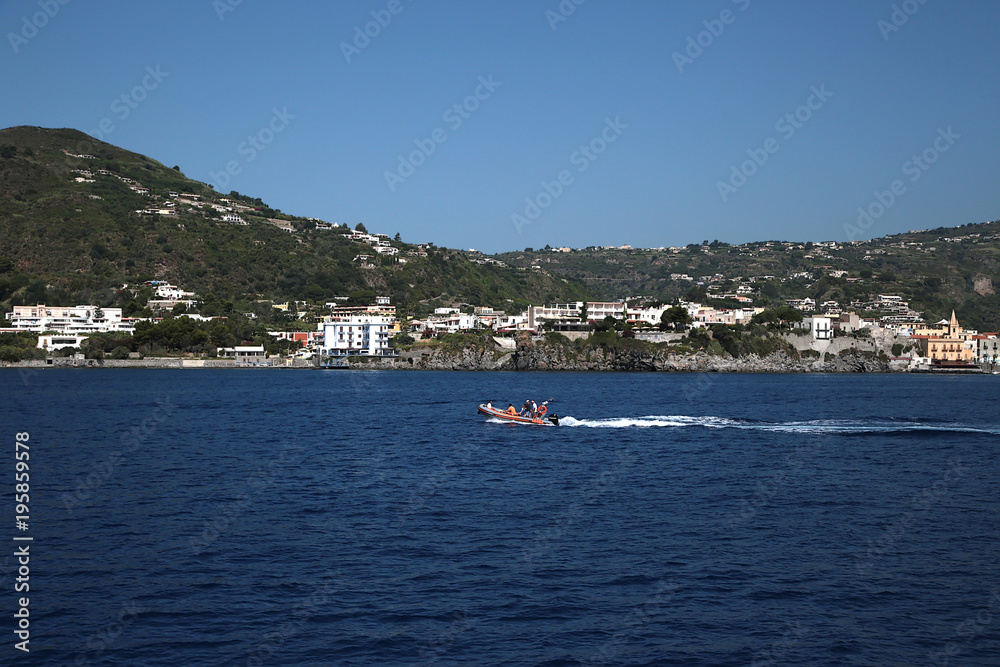 Aeolian (Lipari) archipelago, Italy. View from the sea of the city and the eponymous island of Lipari