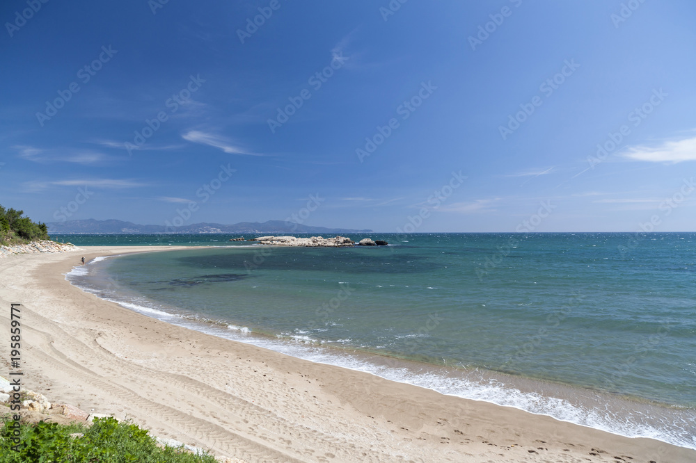 Mediterranean beach in  L Escala, Costa Brava, province Girona, Catalonia,Spain.