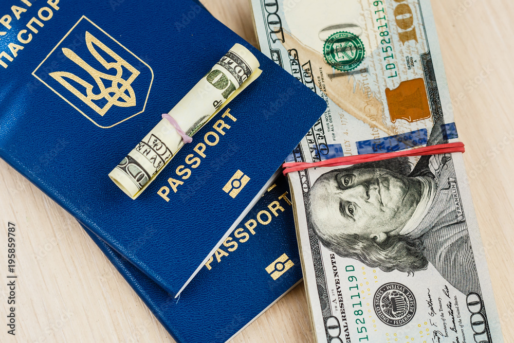 Obraz premium Paszport biometryczny i dwa banknoty za sto dolarów w ruchu bezwizowym