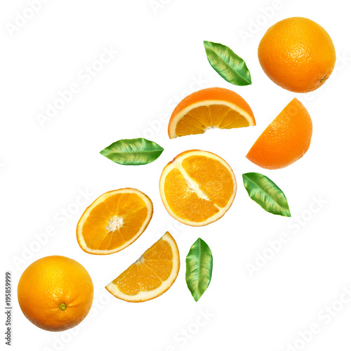 Fruit composition with fresh orange isolated on white background. Creative minimalistic food concept. Top view.