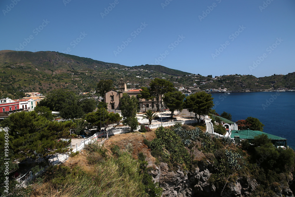 Aeolian (Lipari) archipelago, Italy. The city of Lipari on the shore of the island of the same name Lipari