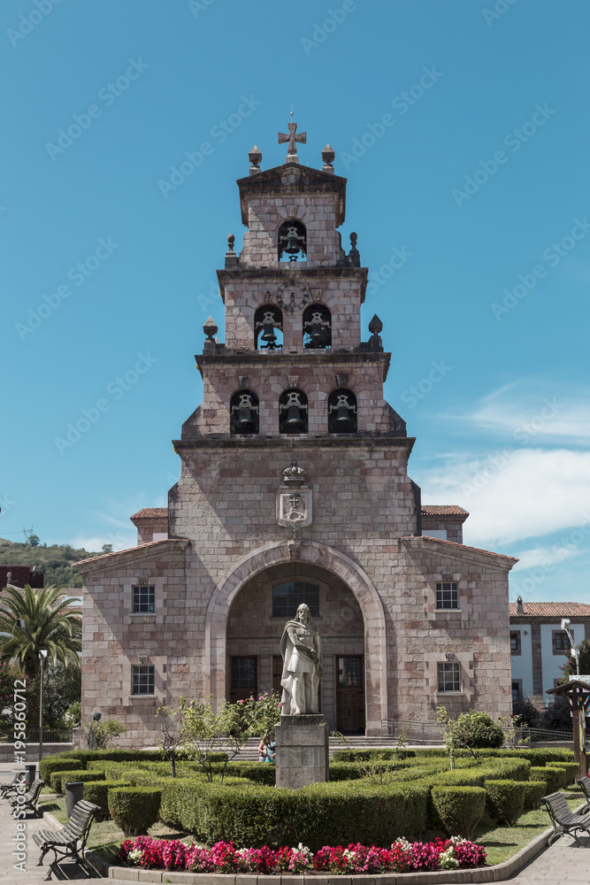 Church of the Assumption and statue of Don Pelayo in Cangas de Onis, Asturias, Spain
