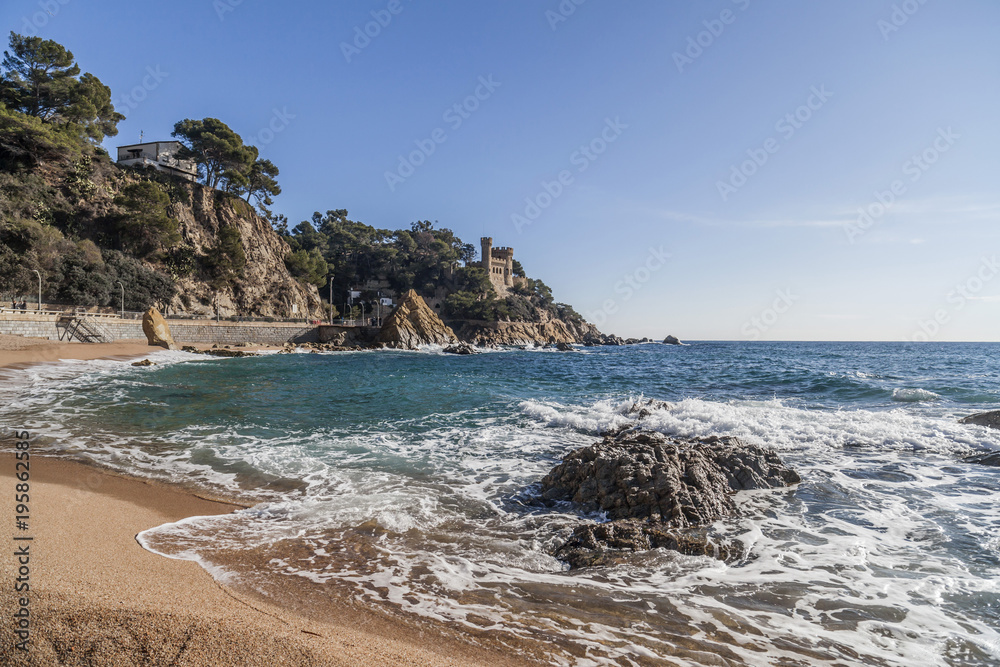 View of beach of Lloret de Mar, Castle, Castell  Platja, Costa Brava, Catalonia, Spain.