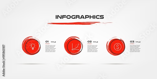 Watercolor, icons brush red infographics. Some of chart, graph, parts, processes. Vector business template for presentation. Can be used for workflow layout, diagram, banner