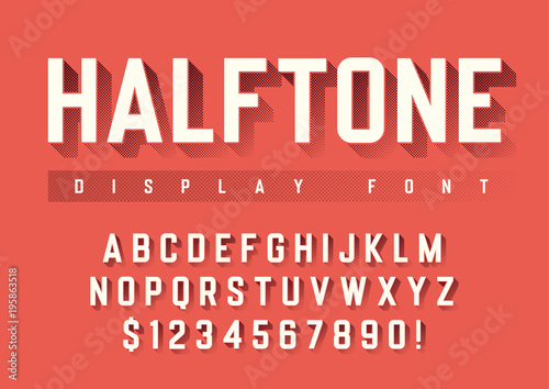 Vector display font design with halftone shadow, alphabet, chara
