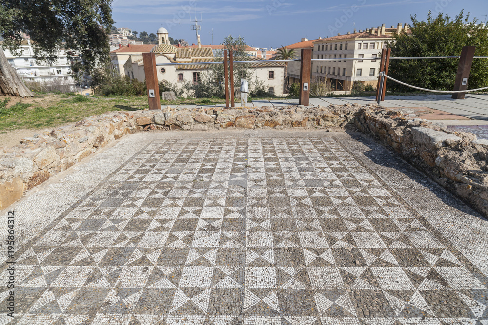 Ancient ruins of Roman villa, mosaic, vila romana ametllers,Tossa de Mar,Costa Brava, Catalonia.Spain.