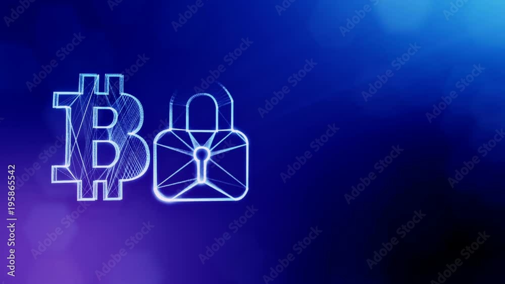 Bitcoin logo logo and emblem of lock. Financial background made of glow particles as vitrtual hologram. Shiny 3D loop animation with depth of field, bokeh and copy space. Blue color v2 Bitcoin logo logo and emblem of lock. Financial background made of glow particles as vitrtual hologram. Shiny 3D loop animation with depth of field, bokeh and copy space. Blue color v2