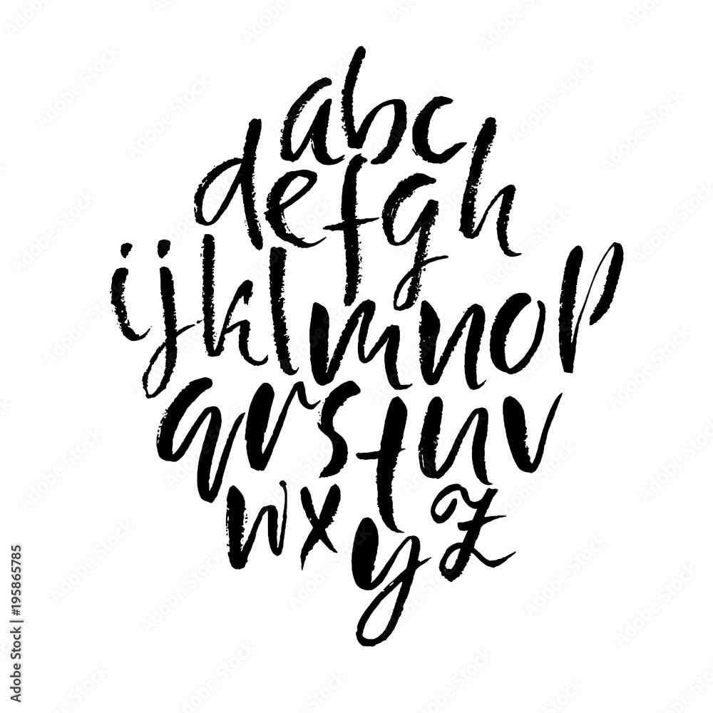 Handdrawn dry brush font. Modern brush lettering. Grunge style alphabet. Vector illustration.