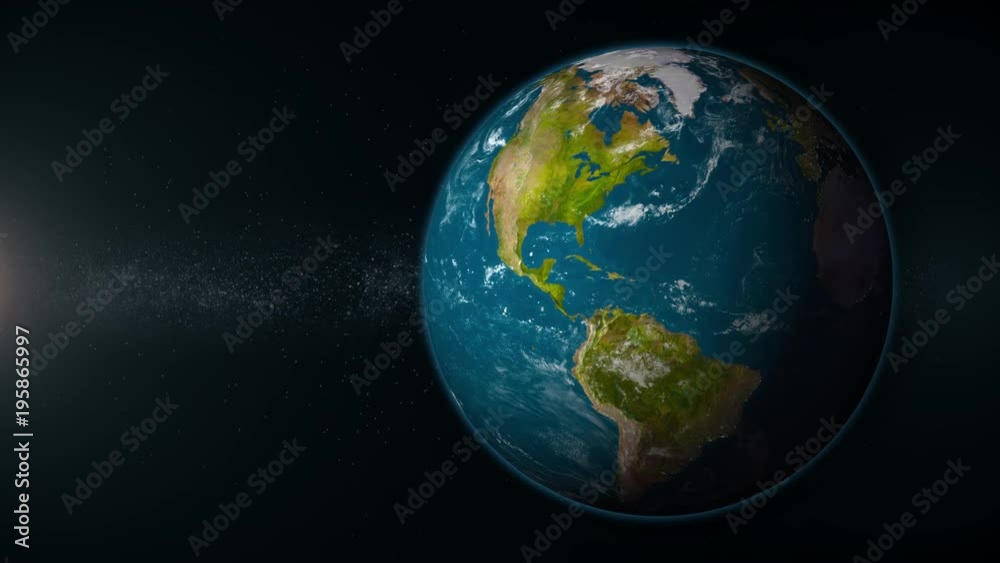 A view of Mother Earth rotating in deep space. Looping. Off set right with sunlight on left of screen.  	